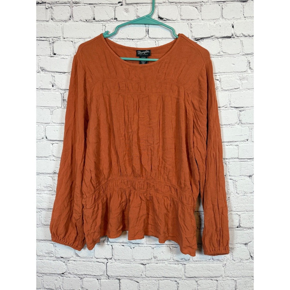 Wrangler Retro Peplum Top Long Sleeve Blouse Ruffle Hem Orange L